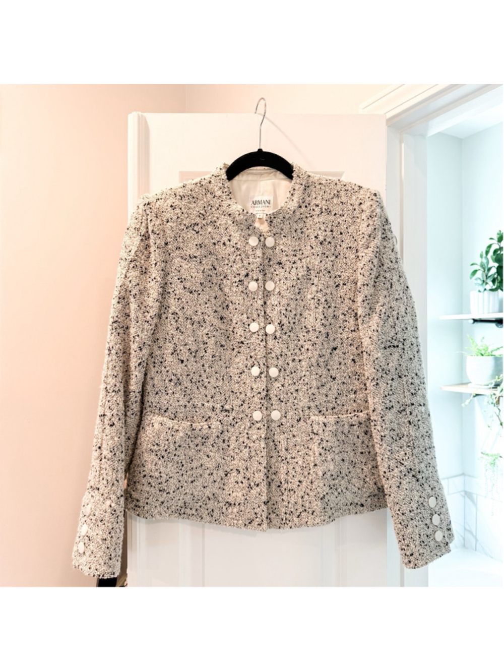Armani Collezioni Boucle Tweed Jacket Silver Lurex Ivory Black Sz 8 Italy